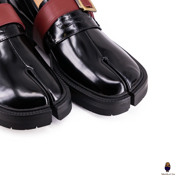 WoodChuckSato Women's Men's Black Tabi Split-Toe Cow Leather Loafers with Chunky Cleated Sole Detachabl Red Buckle Strap Sizes EU 35-47