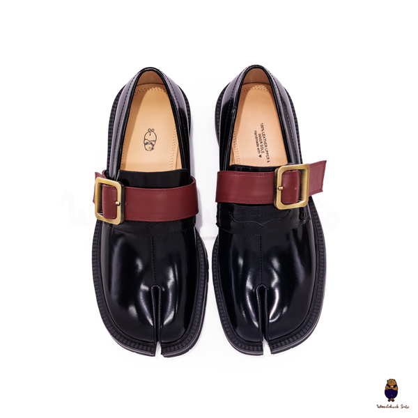 WoodChuckSato Women's Men's Black Tabi Split-Toe Cow Leather Loafers with Chunky Cleated Sole Detachabl Red Buckle Strap Sizes EU 35-47