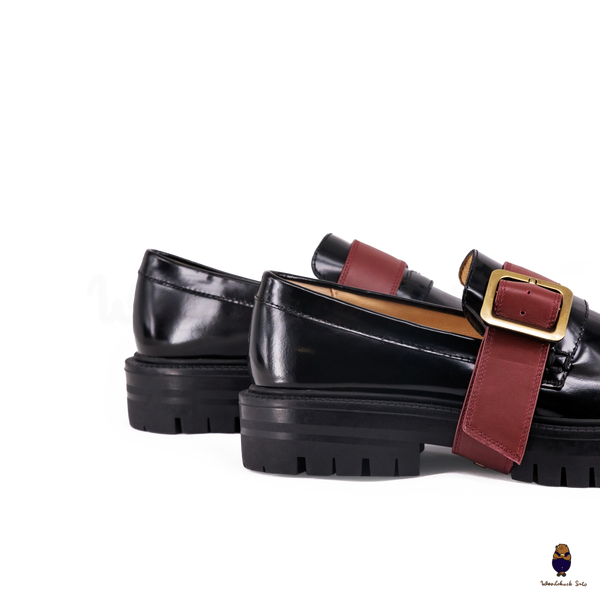 WoodChuckSato Women's Men's Black Tabi Split-Toe Cow Leather Loafers with Chunky Cleated Sole Detachabl Red Buckle Strap Sizes EU 35-47