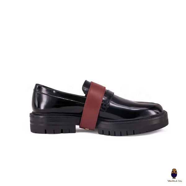 WoodChuckSato Women's Men's Black Tabi Split-Toe Cow Leather Loafers with Chunky Cleated Sole Detachabl Red Buckle Strap Sizes EU 35-47