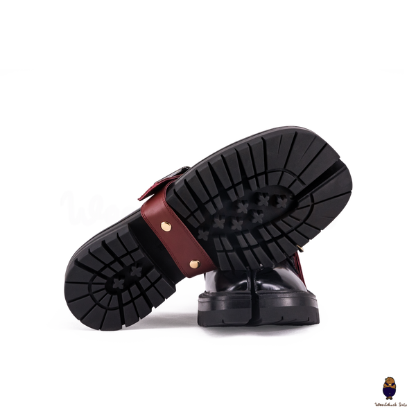WoodChuckSato Women's Men's Black Tabi Split-Toe Cow Leather Loafers with Chunky Cleated Sole Detachabl Red Buckle Strap Sizes EU 35-47