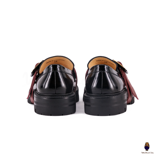 WoodChuckSato Women's Men's Black Tabi Split-Toe Cow Leather Loafers with Chunky Cleated Sole Detachabl Red Buckle Strap Sizes EU 35-47