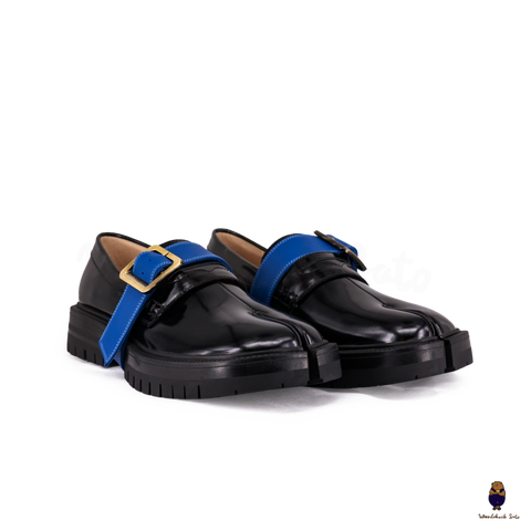 WoodChuckSato Women's Men's Black Tabi Split-Toe Cow Leather Loafers with Chunky Cleated Sole Detachabl Blue Buckle Strap Sizes EU 35-47