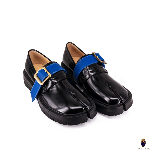 WoodChuckSato Damen Herren Schwarze Tabi Split-Toe-Loafer aus Rindsleder mit klobiger Profilsohle, Größen EU 35–47