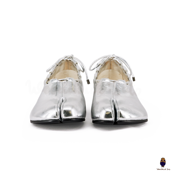 WoodchuckSato Silver Leather Tabi Heeled Flats with Black Rope Trim Sizes 35-45