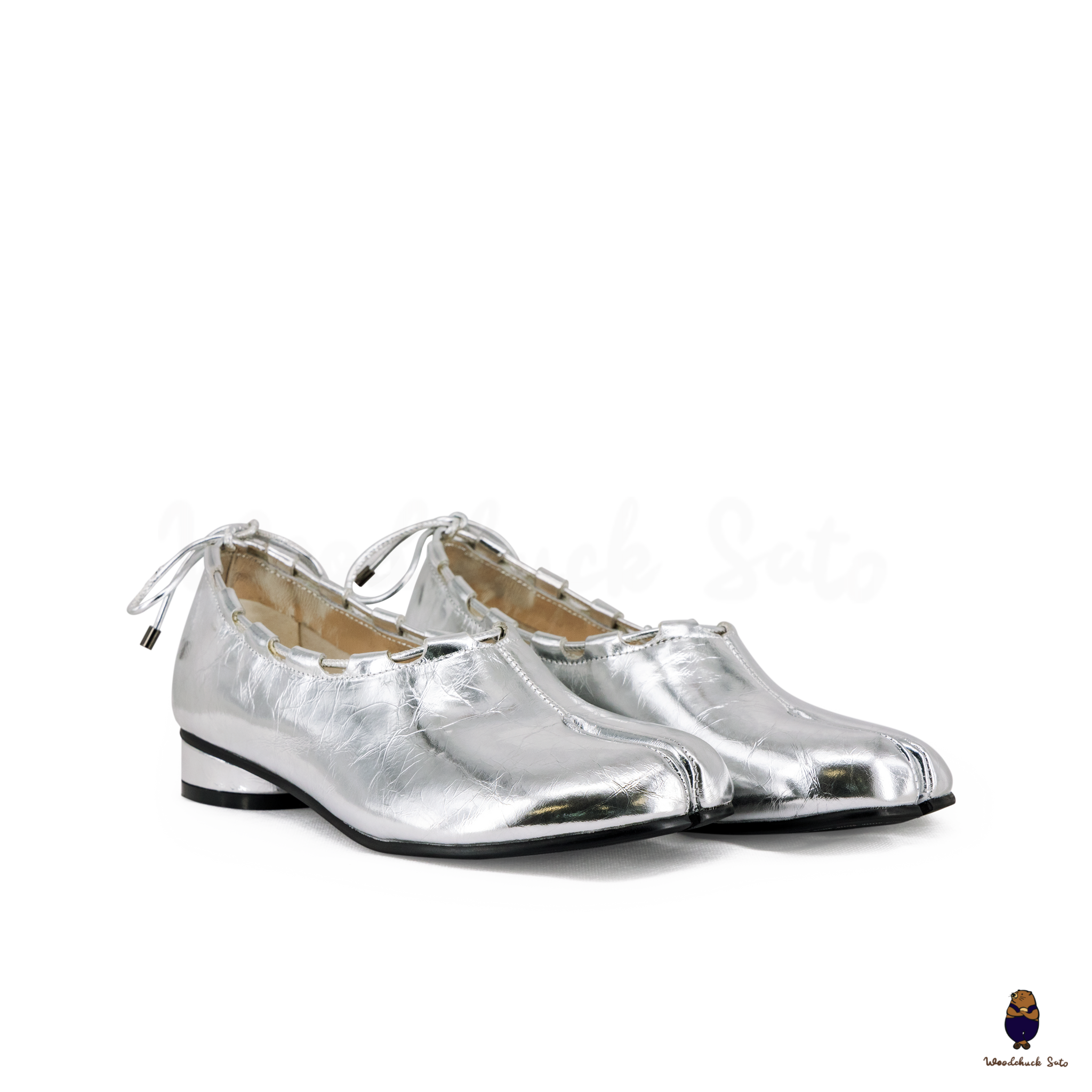 WoodchuckSato Silver Leather Tabi Heeled Flats with Black Rope Trim Sizes 35-45