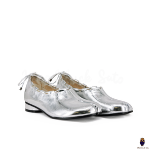 WoodchuckSato Silver Leather Tabi Heeled Flats with Black Rope Trim Sizes 35-45