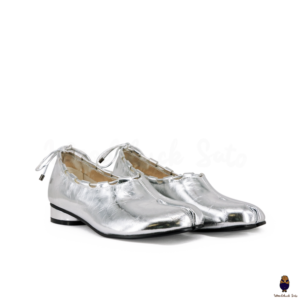 WoodchuckSato Silver Leather Tabi Heeled Flats with Black Rope Trim Sizes 35-45