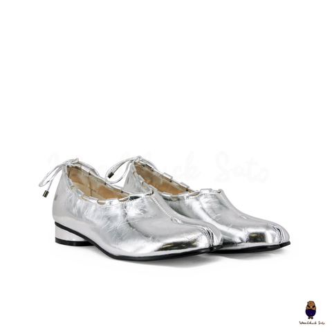 WoodchuckSato Silver Leather Tabi Heeled Flats with Black Rope Trim Sizes 35-45