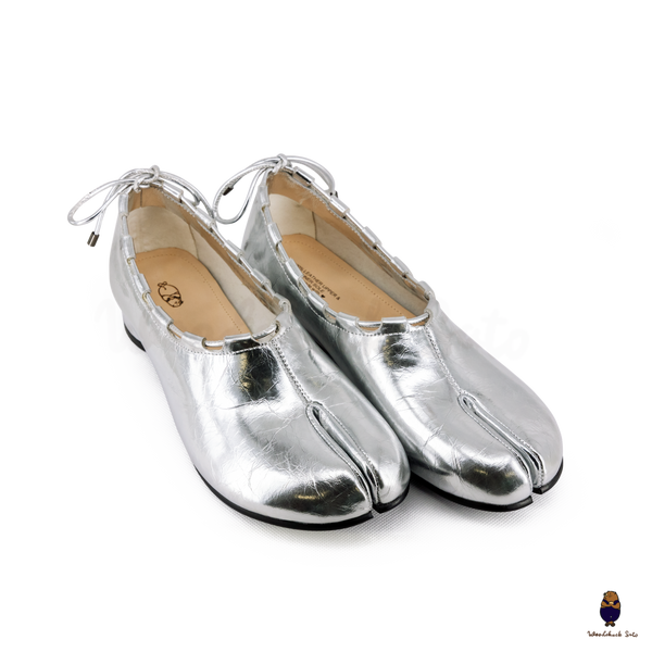 WoodchuckSato Silver Leather Tabi Heeled Flats with Black Rope Trim Sizes 35-45
