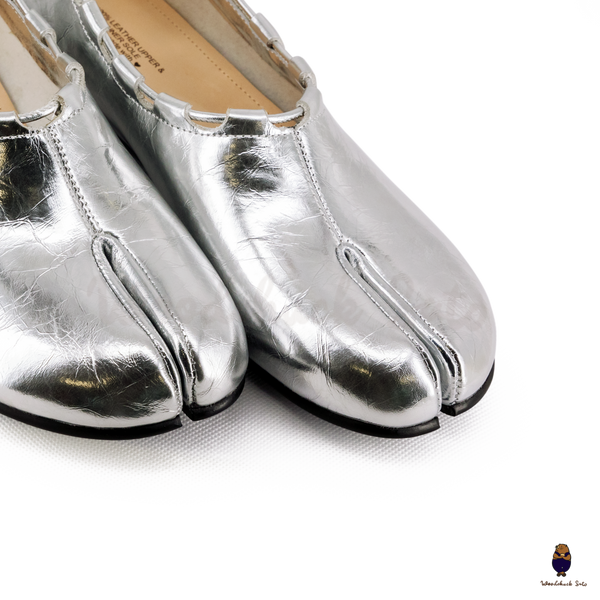 WoodchuckSato Silver Leather Tabi Heeled Flats with Black Rope Trim Sizes 35-45