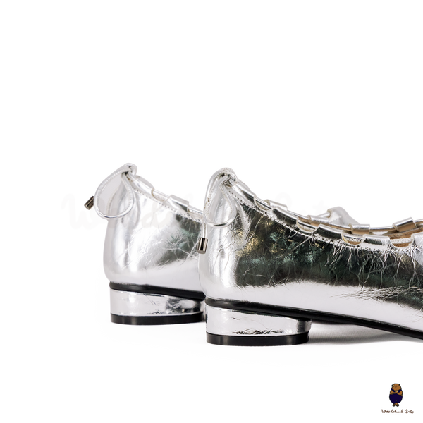 WoodchuckSato Silver Leather Tabi Heeled Flats with Black Rope Trim Sizes 35-45