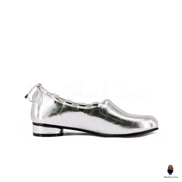 WoodchuckSato Silver Leather Tabi Heeled Flats with Black Rope Trim Sizes 35-45