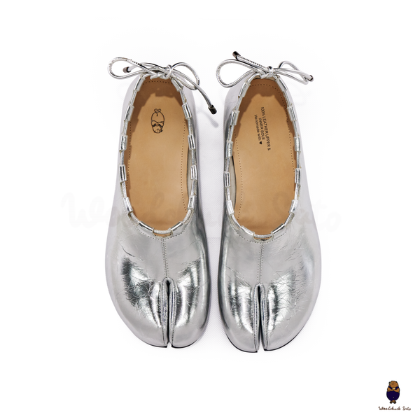 WoodchuckSato Silver Leather Tabi Heeled Flats with Black Rope Trim Sizes 35-45