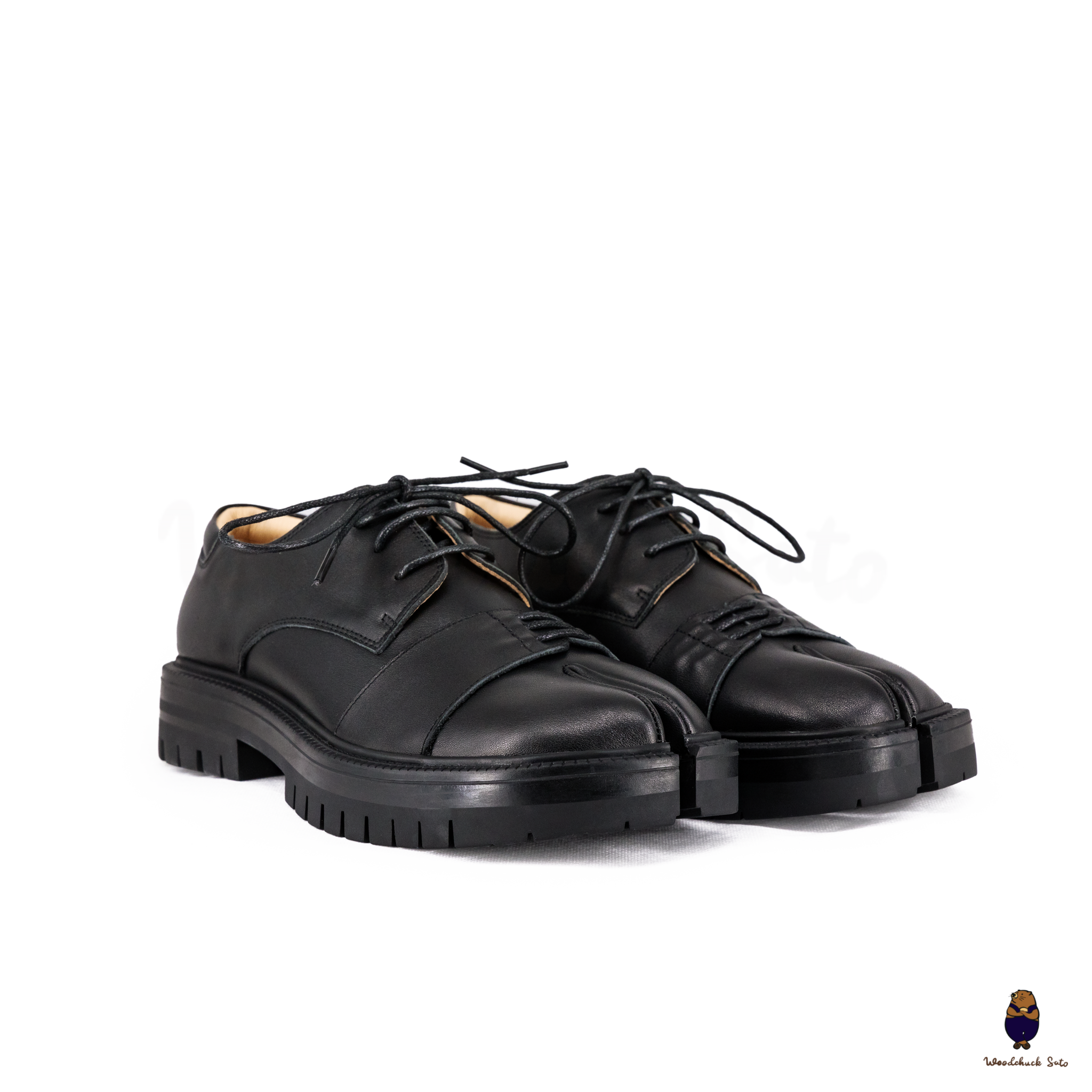 WoodchuckSato Unisex Black Leather Tabi Lace-Up Derby Shoes with Chunky Rubber Sole