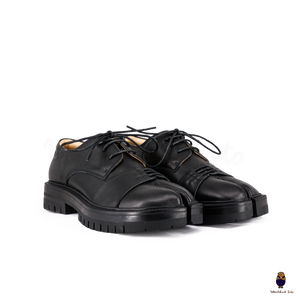 WoodchuckSato Unisex Black Leather Tabi Lace-Up Derby Shoes with Chunky Rubber Sole