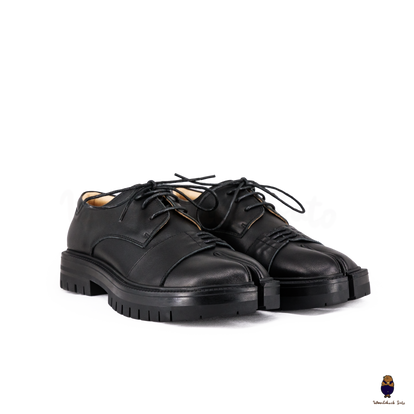 WoodchuckSato Black Cow Leather Tabi Derby Shoes with Double-Lace