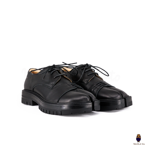 WoodchuckSato Unisex Black Leather Tabi Lace-Up Derby Shoes with Chunky Rubber Sole