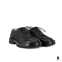 WoodchuckSato Black Cow Leather Tabi Derby Shoes with Double-Lace