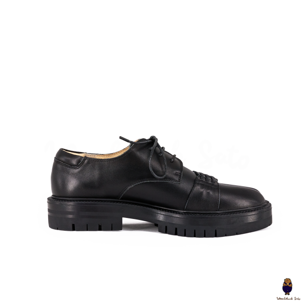 WoodchuckSato Unisex Black Leather Tabi Lace-Up Derby Shoes with Chunky Rubber Sole