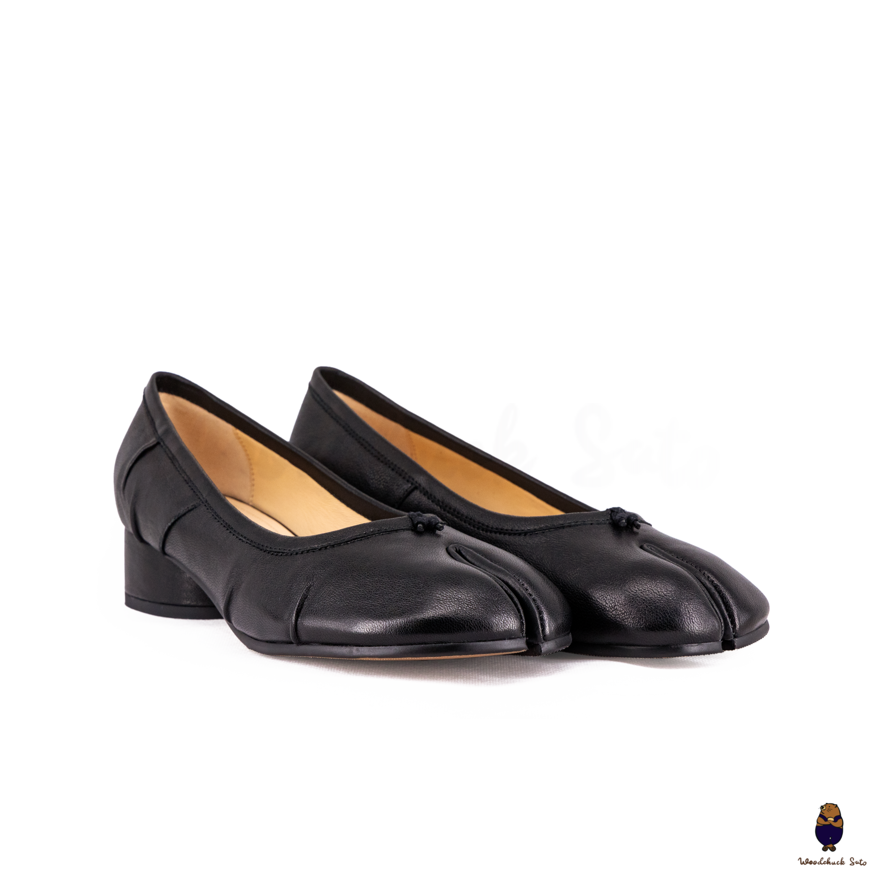 WoodChuckSato Black Tabi Split-Toe Leather Fold Mary Jane Shoes with 3 WoodChuckSato Black Tabi Split-Toe Leather Fold Mary Jane Shoes with 3