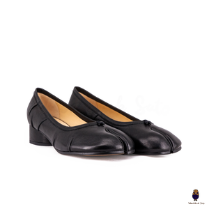 WoodchuckSato Black Leather Tabi Pumps with 3cm Heel & Knotted Front Detail