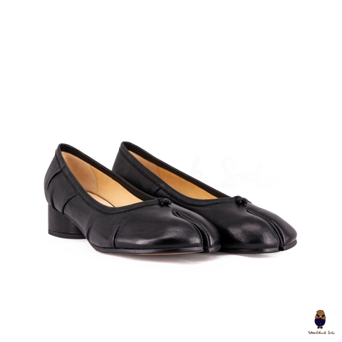 WoodchuckSato Black Leather Tabi Pumps with 3cm Heel & Knotted Front Detail