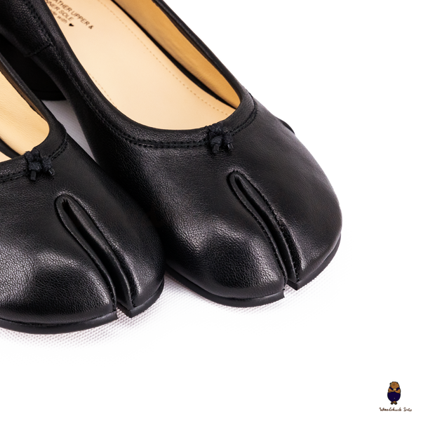 WoodchuckSato Black Leather Tabi Pumps with 3cm Heel & Knotted Front Detail