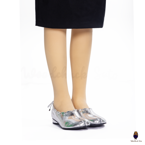 WoodchuckSato Silver Leather Tabi Heeled Flats with Black Rope Trim Sizes 35-45