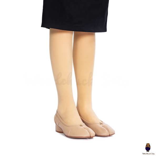 WoodchuckSato Beige Leather Tabi Pumps with 3cm Heel & Knotted Front Detail