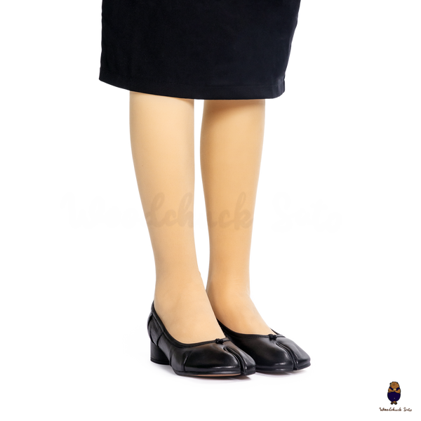 WoodchuckSato Black Leather Tabi Pumps with 3cm Heel & Knotted Front Detail
