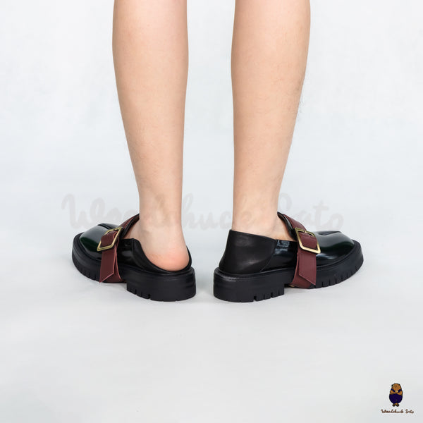 WoodchuckSato Black Fold-Heel Edge-Beaded Cowhide Leather Tabi Loafers with Removable Red Strap and Chunky Sole