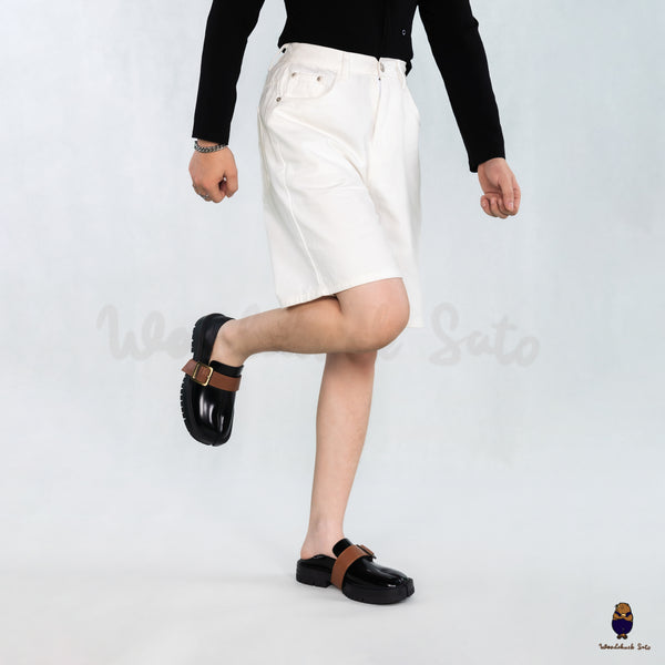 WoodchuckSato Black Fold-Heel Edge-Beaded Cowhide Leather Tabi Loafers with Removable Camel Brown Strap and Chunky Sole
