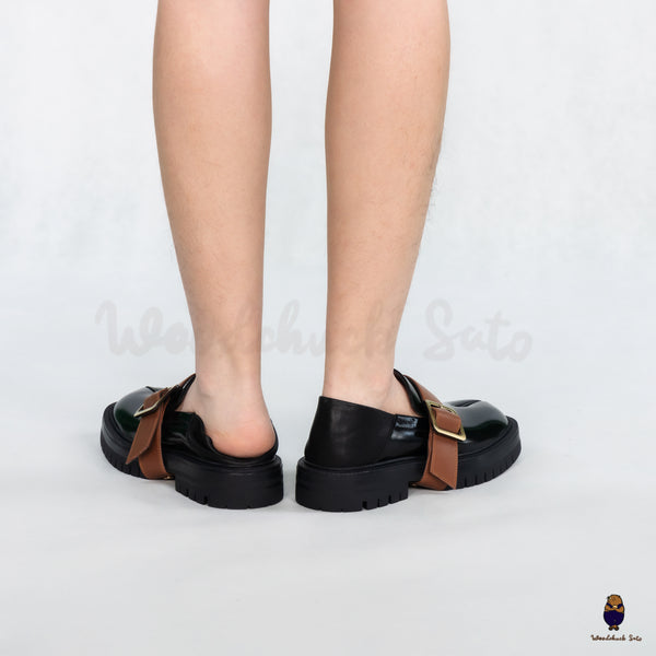 WoodchuckSato Black Fold-Heel Edge-Beaded Cowhide Leather Tabi Loafers with Removable Camel Brown Strap and Chunky Sole