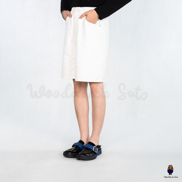 WoodchuckSato Black Fold-Heel Edge-Beaded Cowhide Leather Tabi Loafers with Removable Blue Strap and Chunky Sole