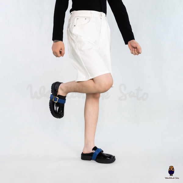 WoodchuckSato Black Fold-Heel Edge-Beaded Cowhide Leather Tabi Loafers with Removable Blue Strap and Chunky Sole