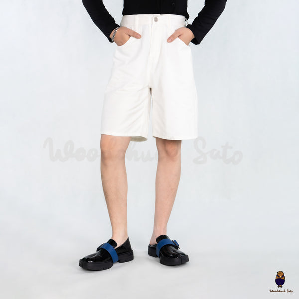 WoodchuckSato Black Fold-Heel Edge-Beaded Cowhide Leather Tabi Loafers with Removable Blue Strap and Chunky Sole
