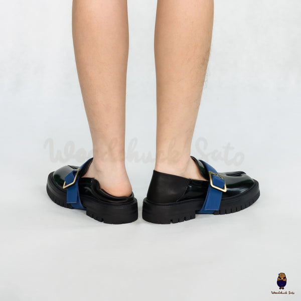 WoodchuckSato Black Fold-Heel Edge-Beaded Cowhide Leather Tabi Loafers with Removable Blue Strap and Chunky Sole