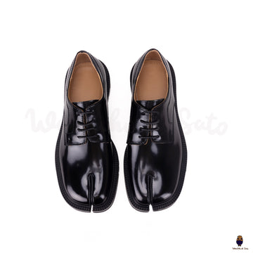 WoodChuckSato Zapatos planos Tabi negros con cordones de cuero de vaca con punta dividida y suela gruesa con tacos para mujer, tallas EU 35-47