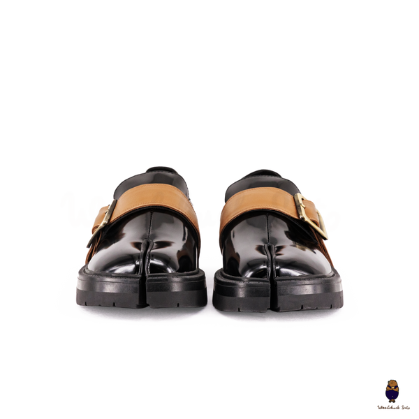 WoodchuckSato Black Fold-Heel Edge-Beaded Cowhide Leather Tabi Loafers with Removable Camel Brown Strap and Chunky Sole