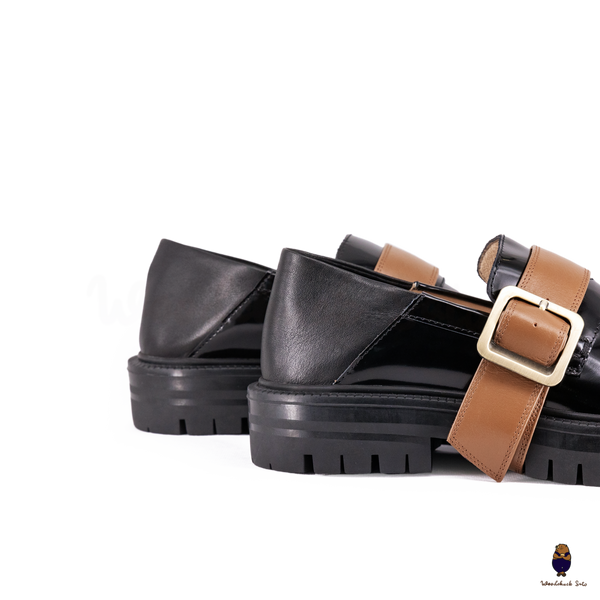 WoodchuckSato Black Fold-Heel Edge-Beaded Cowhide Leather Tabi Loafers with Removable Camel Brown Strap and Chunky Sole