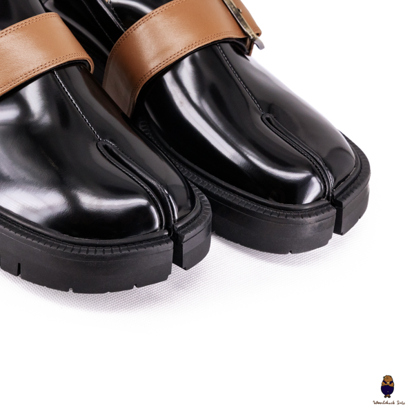 WoodchuckSato Black Fold-Heel Edge-Beaded Cowhide Leather Tabi Loafers with Removable Camel Brown Strap and Chunky Sole
