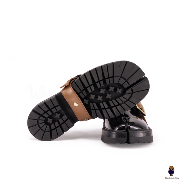 WoodchuckSato Black Fold-Heel Edge-Beaded Cowhide Leather Tabi Loafers with Removable Camel Brown Strap and Chunky Sole