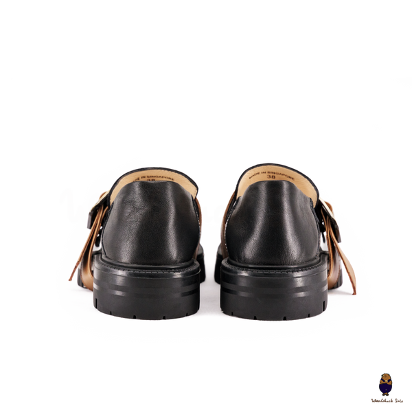 WoodchuckSato Black Fold-Heel Edge-Beaded Cowhide Leather Tabi Loafers with Removable Camel Brown Strap and Chunky Sole