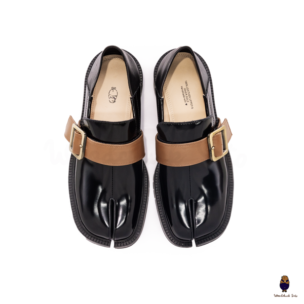 WoodchuckSato Black Fold-Heel Edge-Beaded Cowhide Leather Tabi Loafers with Removable Camel Brown Strap and Chunky Sole