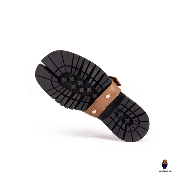 WoodchuckSato Black Fold-Heel Edge-Beaded Cowhide Leather Tabi Loafers with Removable Camel Brown Strap and Chunky Sole