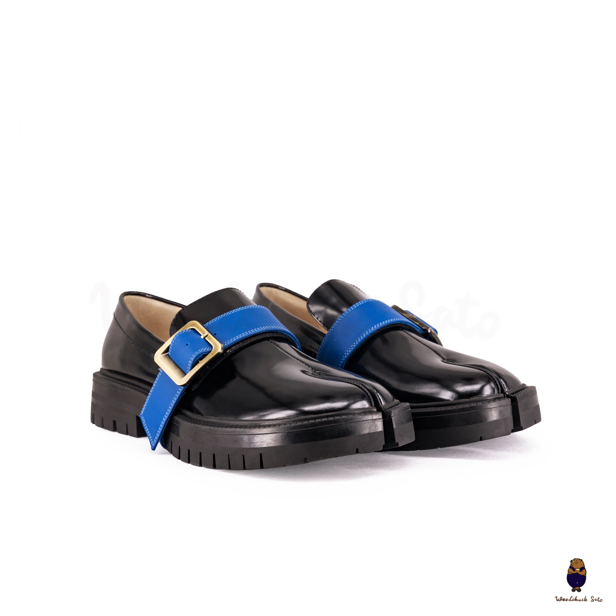 WoodChuckSato Mocassins noirs Tabi en cuir de vache à bout fendu avec semelle épaisse à crampons pour homme et femme, tailles EU 35-47
