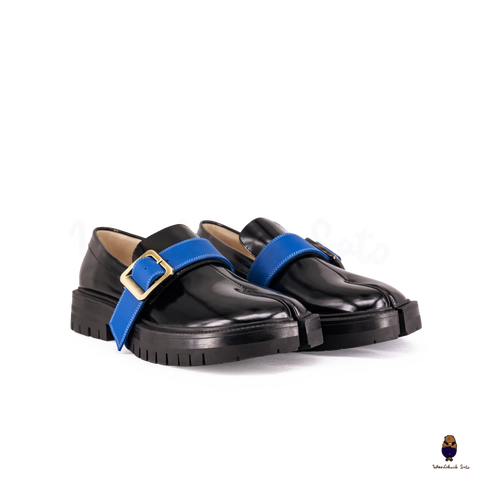 WoodChuckSato Damen Herren Schwarze Tabi Split-Toe-Loafer aus Rindsleder mit klobiger Profilsohle, Größen EU 35–47