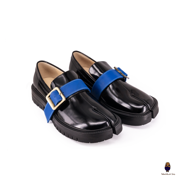 WoodChuckSato Mocassins noirs Tabi en cuir de vache à bout fendu avec semelle épaisse à crampons pour homme et femme, tailles EU 35-47