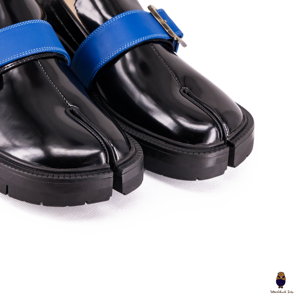 WoodChuckSato Mocassins noirs Tabi en cuir de vache à bout fendu avec semelle épaisse à crampons pour homme et femme, tailles EU 35-47
